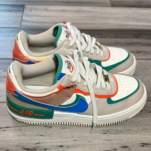 Nike Women Air Force 1 Low Sneakers - White, Green, Orange - Picture 2 of 12